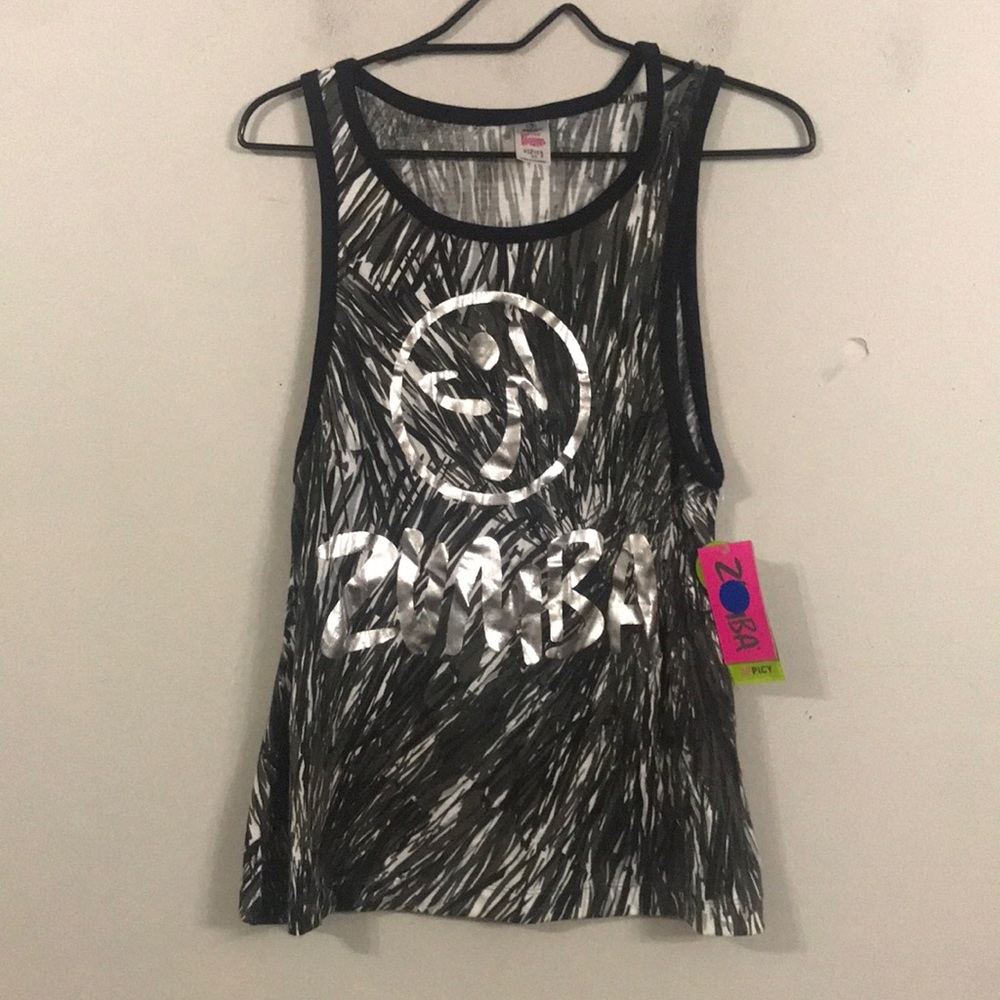 Gray white multicolored tank top silver metallic logo Zumba activewear womens XS